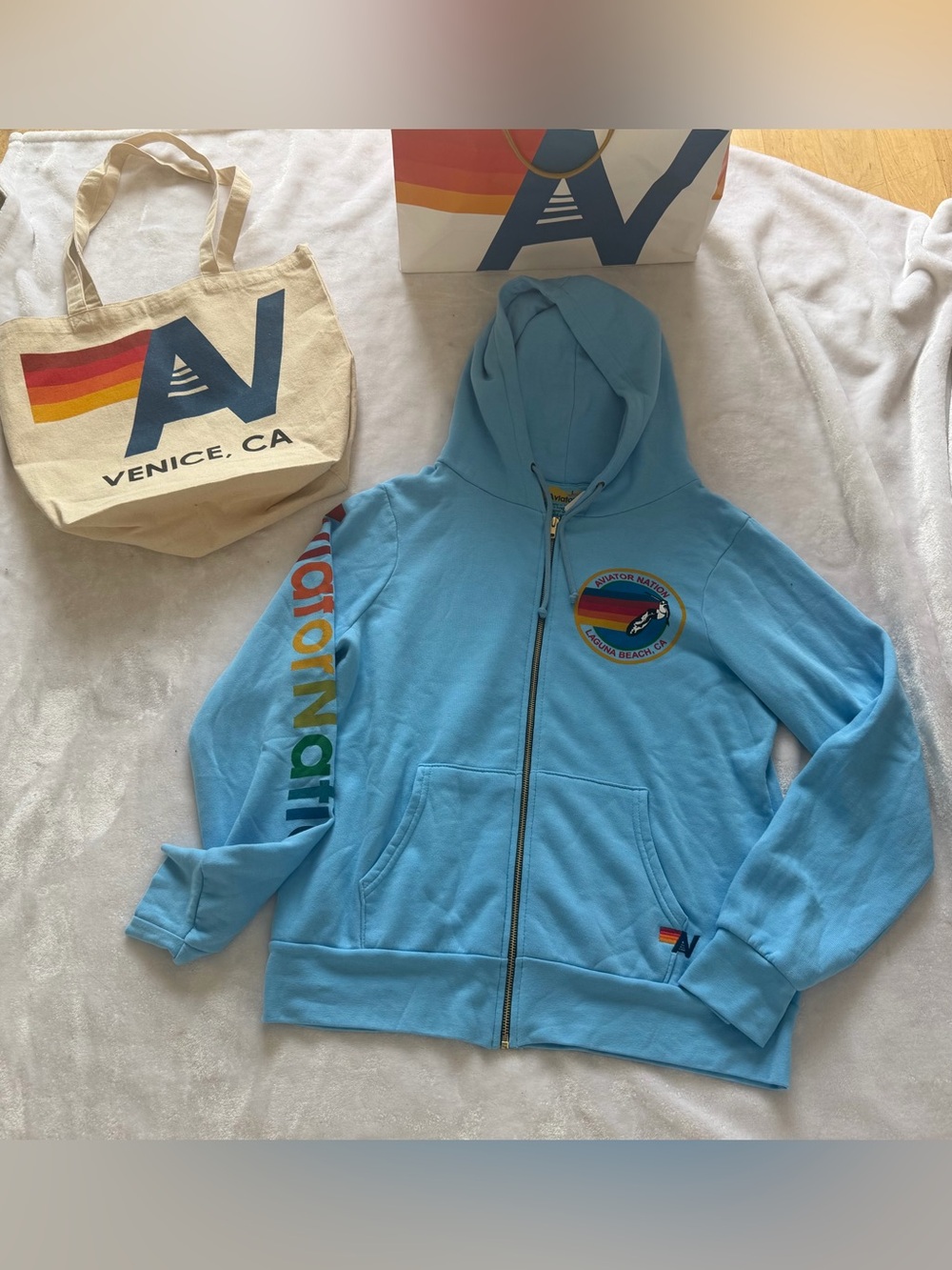 - NWT Aviator Nation Logo Zip Hoodie in  Size Large + Tote bag